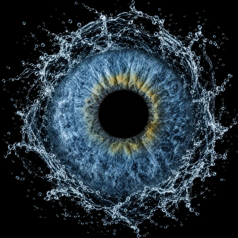 Iris mit Wasser-Effekt, Tropfen und Spritzer um das Auge